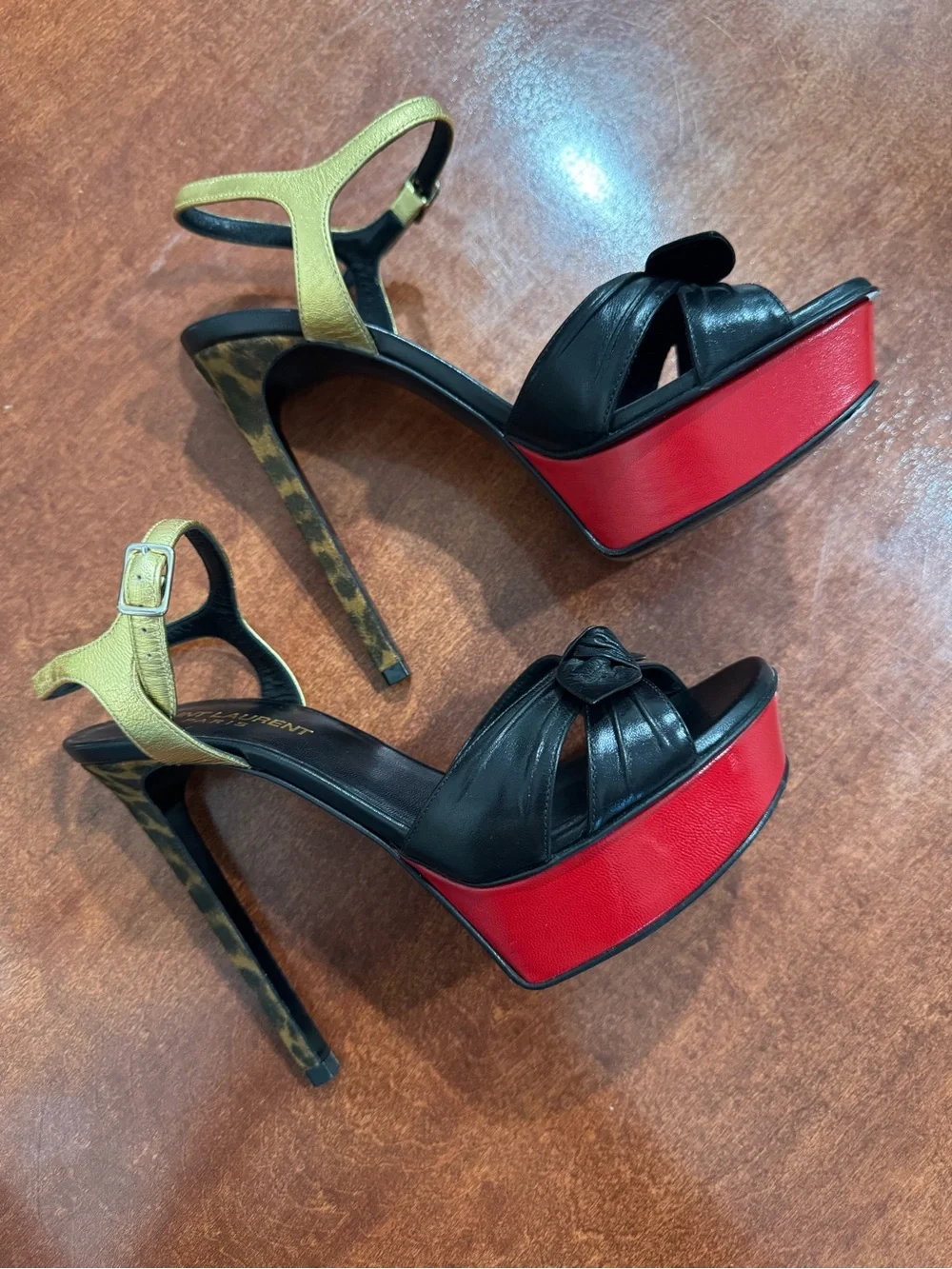 Saint Laurent Bowfront Platform Leopard Embossed Stiletto Heel Sandals - Picture 3 of 11